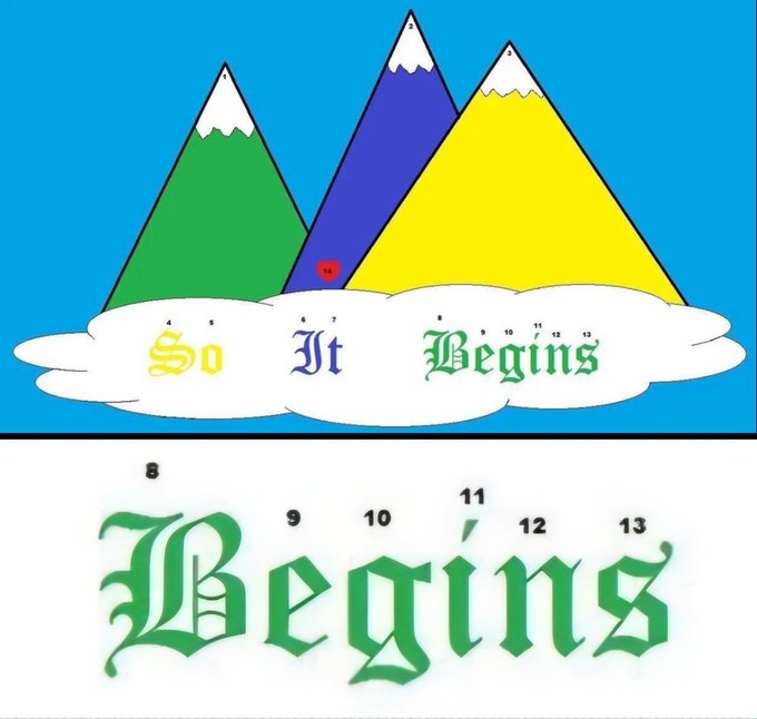 A dot-to-dot puzzle on a colorful mountain illustration spells out "So It Begins" with numbered points, with the word "Begins" enlarged below, matching the caption "So it begins."