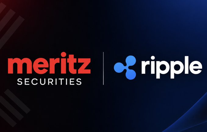 The image displays the logos of "Meritz Securities" in red and "Ripple" in white with its blue triple-circle icon, set against a dark gradient background, visually representing the partnership between the South Korean brokerage and the blockchain company to explore Ripple Custody and tokenization for Korea's capital markets.