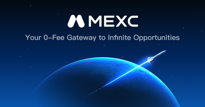 A promotional banner for MEXC cryptocurrency exchange reads 'Your 0-Fee Gateway to Infinite Opportunities' with an illustration of a space shuttle launching from Earth into a starry blue cosmos.