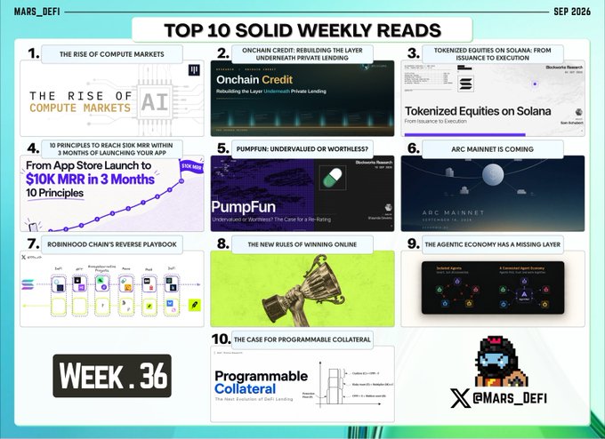 The image showcases "Top 10 Solid Weekly Reads - Week 36, Sep 2026" by @MARS_DEFI, featuring articles like "The Rise of Compute Markets," "Onchain Credit: Rebuilding the Layer Underneath Private Lending," "Tokenized Equities on Solana," "PumpFun: Undervalued or Worthless?," and "Programmable Collateral." The graphic ties into the post's theme by highlighting how crypto's real progress is happening in foundational improvements—better markets, liquidity, execution, and distribution—through articles exploring compute markets, onchain credit, tokenized equities, and agentic economies.