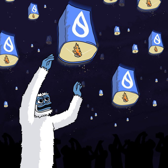 A cartoon illustration of a white yeti-like creature reaching up toward floating blue bags marked with the Sui Network (water drop) logo and fire symbols, with a silhouetted crowd watching below.