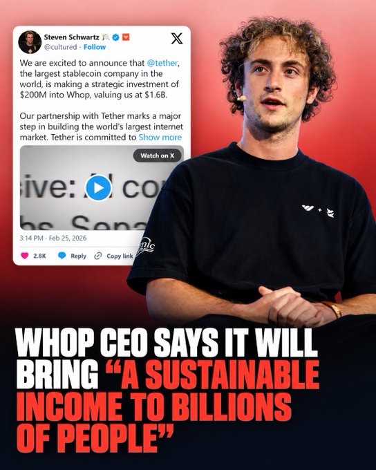 A news graphic featuring Steven Schwartz (@cultured) and Whop CEO stating the company received a $200M strategic investment from Tether at a $1.6B valuation, with a headline quoting the CEO on bringing sustainable income to billions.