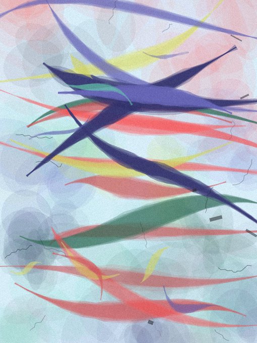 An abstract artistic illustration featuring colorful, sweeping brushstrokes in blue, red, green, and yellow on a light background, resembling birds or fluid motion.