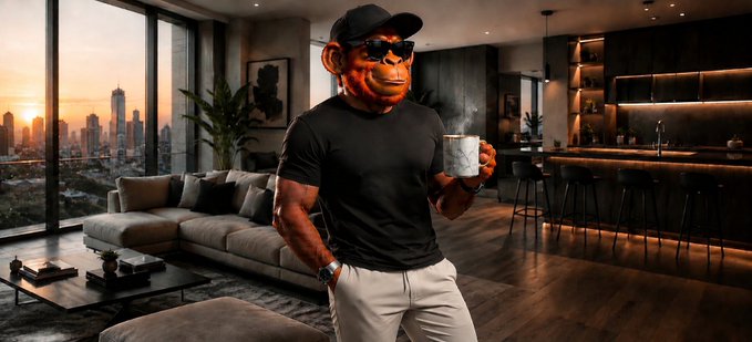 A digitally edited image of a muscular figure with a monkey face, wearing a black cap, sunglasses, black t-shirt, and white pants, holding a coffee mug in a luxurious modern apartment.