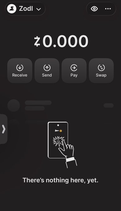 A Zodl cryptocurrency wallet app interface displays a balance of Z 0.000 with options for Receive, Send, Pay, and Swap, showing the message 'There's nothing here, yet.'