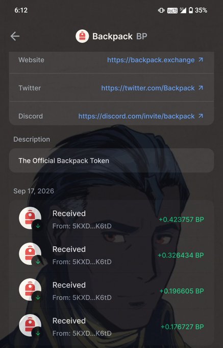 A mobile phone screenshot shows a crypto wallet interface for 'Backpack BP' displaying links to backpack.exchange, Twitter, and Discord, along with transaction history showing multiple 'Received' BP token transfers dated Sep 17, 2026.