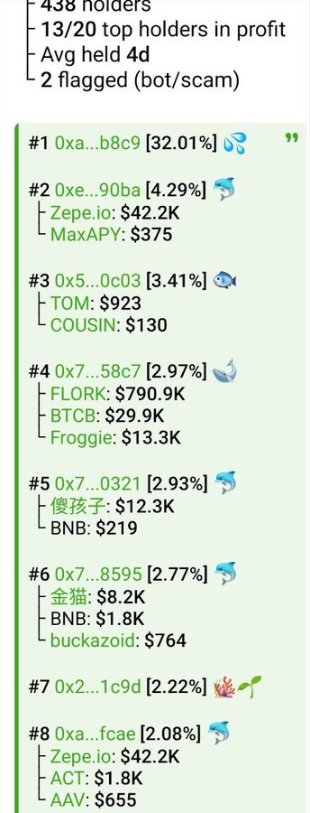 Cryptocurrency wallet tracking interface displaying '438 holders' with 13/20 top holders in profit, average holding of 4 days, listing addresses #1 through #8 with their percentage holdings and associated tokens like Zepe.io, TOM, FLORK, BNB, and ACT.