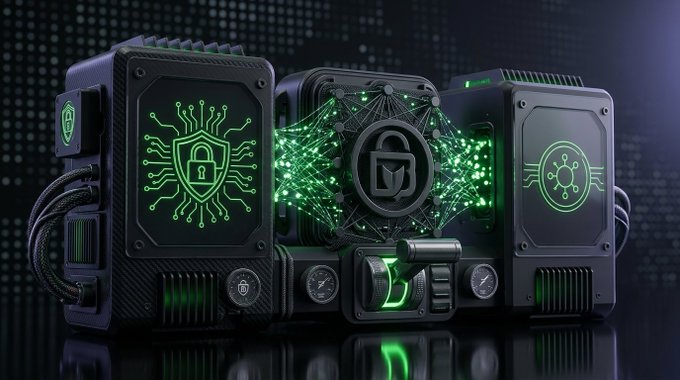 A 3D rendering of futuristic black computer towers with glowing green security shield logos and a central padlock icon surrounded by green data streams.