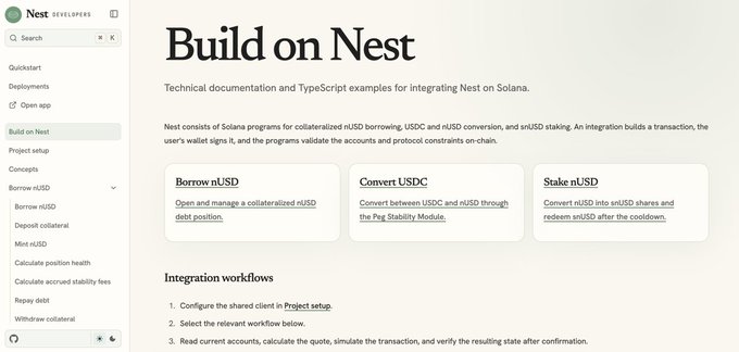 The image shows the "Build on Nest" developer documentation page for Nest on Solana, featuring technical documentation and TypeScript examples for integrating nUSD borrowing, USDC/nUSD conversion, and nUSD staking, with workflow sections for "Borrow nUSD," "Convert USDC," and "Stake nUSD." This supports the post's claim about $NEST being a non-memecoin hidden gem on Solana by showcasing the protocol's real technical infrastructure and developer integration capabilities for collateralized borrowing.