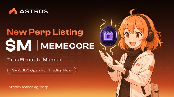The image features a girl with orange hair, dressed in white clothing, holding up a purple gemstone or crystal ball. The background of the image is dark red, which contrasts with the girl's outfit. In the foreground, there are two lines of text that read "New Perp Listing $M Memecore TradFi's ... 动作频频". This suggests that the girl might be involved in a business related to gemstones or crystals, possibly selling them online. The image also includes a link to Astros' website, which could provide more information about the girl and her products.