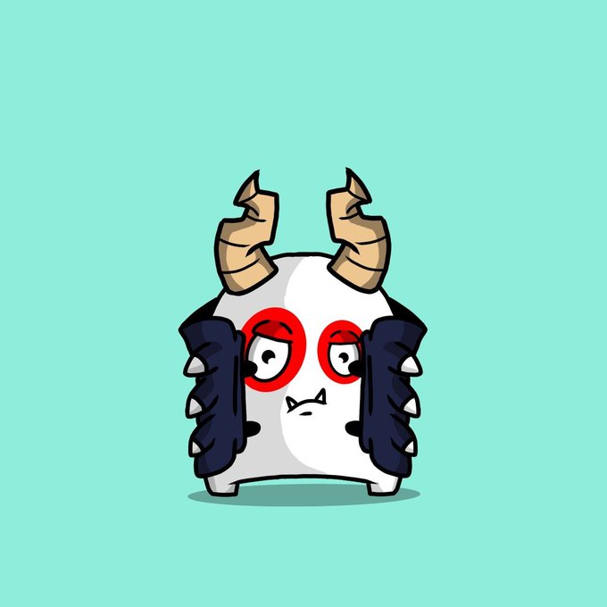 A cartoon character with horns, red-ringed eyes, and spiked armor on a mint-green background.