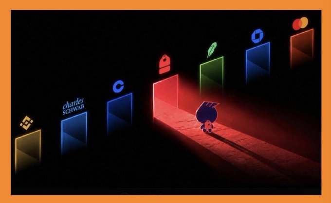 A stylized illustration shows illuminated doorways branded with logos of major financial institutions—Binance, Charles Schwab, Coinbase, Robinhood, Kraken, and Mastercard—lining a dark corridor, with a backpack-wearing figure walking through a red-lit doorway, symbolizing Backpack's emergence as a gateway to tokenized real-world assets on Solana.

Visible text and logos include: "charles SCHWAB," Binance, Coinbase "C," Robinhood, Kraken, Mastercard, and the ticker "$BP."