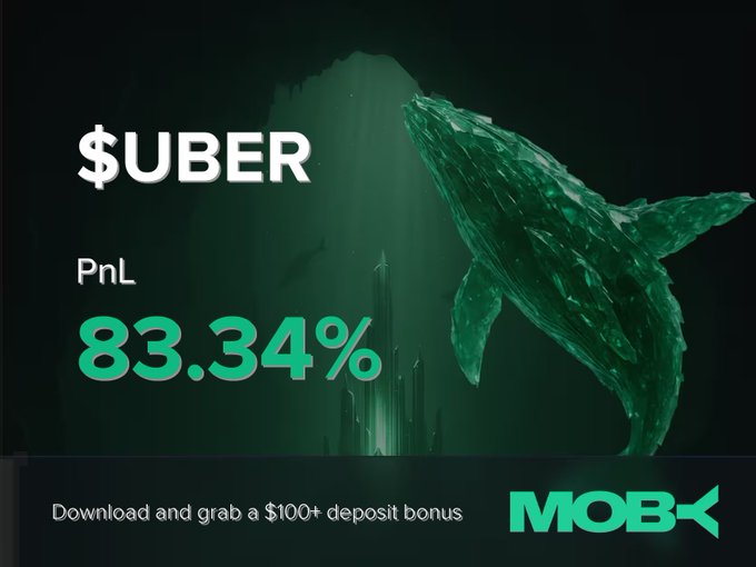 A promotional graphic for Moby showcases a winning $UBER trade with an 83.34% PnL, featuring a green whale emerging from the depths against a dark, underwater cityscape, with a banner offering a $100+ deposit bonus to download the app.