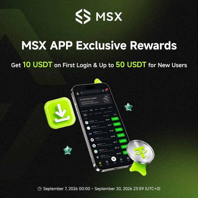 A promotional ad for 'MSX APP Exclusive Rewards' offering '10 USDT on First Login & Up to 50 USDT for New Users,' with campaign dates from 'September 7, 2026 00:00 ~ September 20, 2026 23:59 (UTC+0).'