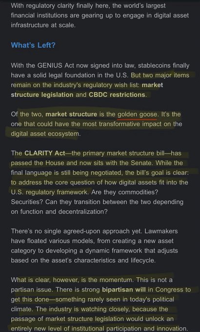 A dark-themed text excerpt discusses post-GENIUS Act regulatory landscape, highlighting the CLARITY Act—the primary market structure bill—as "the golden goose" of digital asset legislation, now passed by the House and awaiting Senate negotiation to determine whether digital assets are commodities, securities, or transition between both. The passage emphasizes **bipartisan will** in Congress to pass market structure legislation, which would unlock new institutional participation in the digital asset ecosystem.