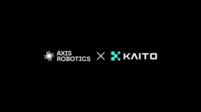 The image displays a promotional graphic on a black background featuring the "Axis Robotics" logo with its starburst icon in white on the left, an "X" in the center, and the "Kaito" logo in green and white on the right. This visual represents the collaboration between Axis Robotics and Kaito AI, tied to a campaign inviting users to join a leaderboard competition where $AXIS token shares are distributed based on a scoring formula that combines Kaito Mindshare with a Referral Multiplier during Epoch 1.