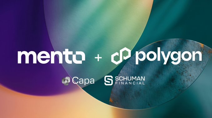 A promotional graphic featuring the logos of menta, polygon, Capa, and Schuman Financial against an abstract colorful background.