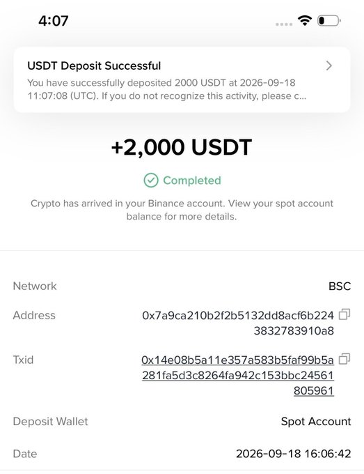 A mobile screenshot of a cryptocurrency exchange interface confirming a successful 'USDT Deposit' of '+2,000 USDT' to a Binance Spot Account on the BSC network, dated 2026-09-18.