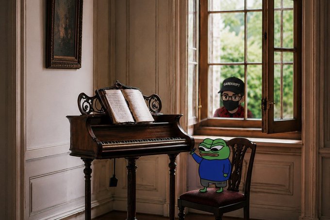A surreal digital artwork featuring a vintage piano in an ornate room, a Pepe-like frog character in a chair, and a masked figure wearing a 'CAKEGURT' cap visible through the window.