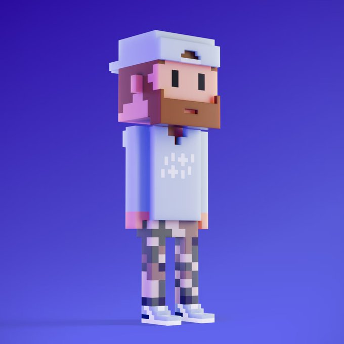 A 3D pixelated/voxel-style character wearing a white cap, light blue sweatshirt with white emblem, and patterned pants stands against a blue gradient background.