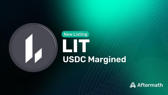 The image is a promotional graphic announcing a new listing for LIT (USDC Margined) perpetuals, featuring a dark circular logo with a stylized "L" alongside teal-green accents and the "Aftermath" branding. It visually reinforces the post's announcement about trading LIT perps with up to 10x leverage on Aftermath Finance.