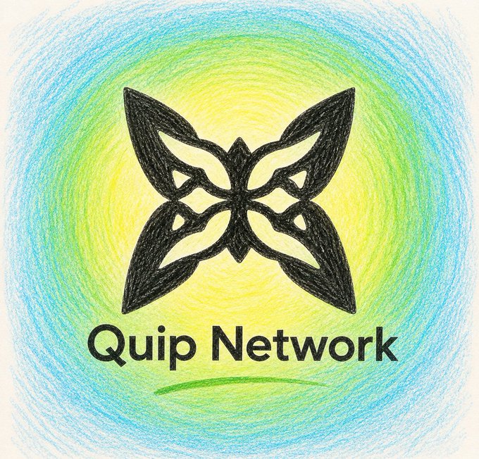 A logo for 'Quip Network' featuring a black geometric butterfly or bowtie symbol against a colorful, crayon-textured background blending blue, green, and yellow.