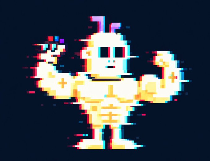 A pixel art character in yellow/gold armor with a horn on its helmet stands flexing against a dark background, with a glitch effect overlay.