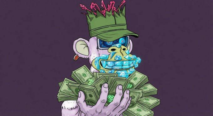 A Bored Ape-style NFT character wearing a green cap grins with diamond-studded teeth while clutching stacks of cash. The image embodies the post's message about rewarding real ecosystem contributors with $100K in $CNPY through the CNPY Network × Nucleus Codes creator program.