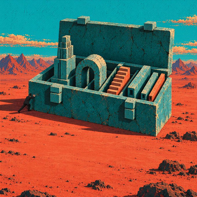 A massive stone block structure with built-in geometric shapes and staircases sits in a red Martian desert while a tiny suited figure pushes against it, symbolizing Kaspa's programmable proof-of-work as a solid, foundational L1 platform that supports complex on-chain and off-chain applications. The stark contrast between the lone explorer and the monumental architecture illustrates how developers can build entire ecosystems atop Kaspa's robust base layer.