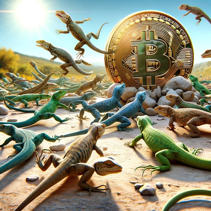 A large golden Bitcoin coin with the iconic "B" symbol sits among rocks as a diverse group of lizards in green, blue, and tan colors gather around and leap toward it in a desert landscape.