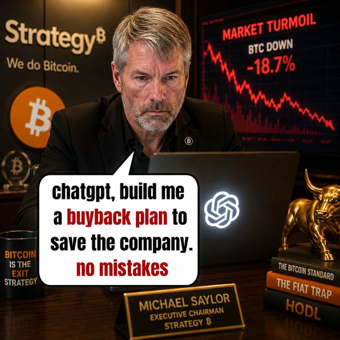 Michael Saylor sits at his desk with a worried expression in front of a monitor displaying "MARKET TURMOIL" and "BTC DOWN -18.7%," while a speech bubble reads "chatgpt, build me a buyback plan to save the company. no mistakes," with a nameplate identifying him as "MICHAEL SAYLOR, EXECUTIVE CHAIRMAN, STRATEGY B," capturing the humorous depiction of Saylor seeking AI help amid a sharp Bitcoin price decline threatening his company.