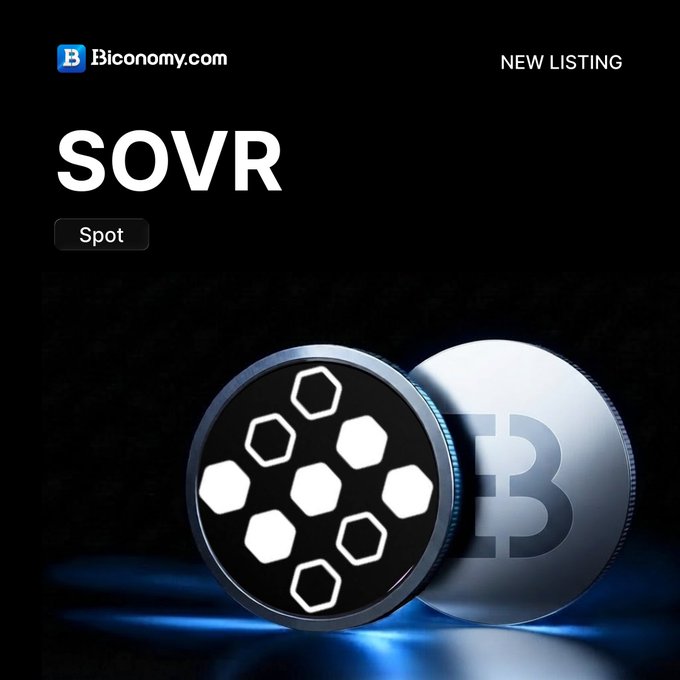 A promotional graphic from Biconomy.com announcing a 'NEW LISTING' for the cryptocurrency token SOVR, available for Spot trading, displayed against a black background with 3D-rendered coin designs.
