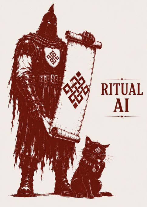 Stylized red illustration of a medieval knight holding a scroll with knot patterns, standing next to a black cat, labeled "RITUAL AI".