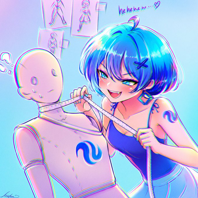 Anime-style artwork of a blue-haired character with text 'hehehehe...' measuring a mannequin with a measuring tape, accompanied by small sketches in the background.