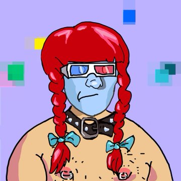 An illustration of a blue-skinned character with red braided hair wearing 3D glasses and a spiked collar.
