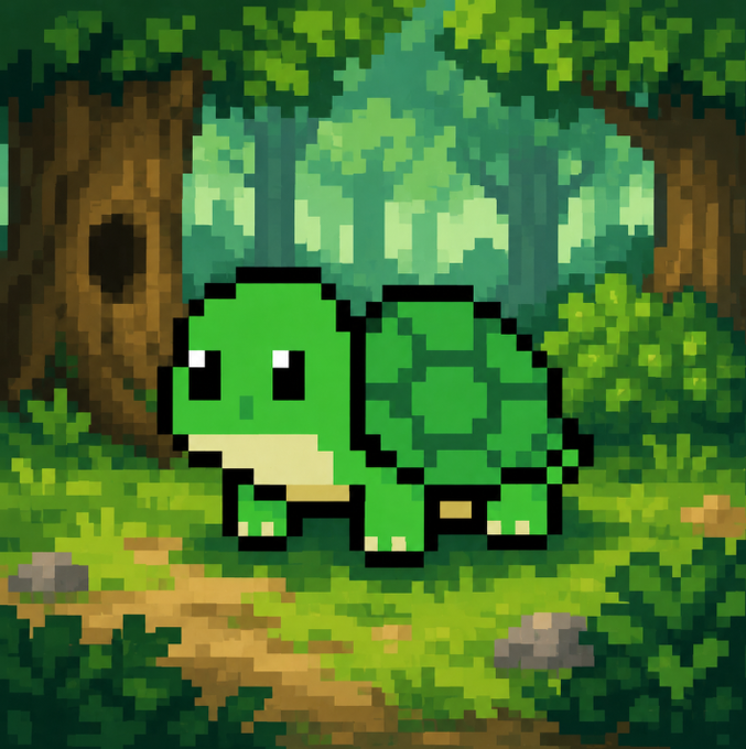 A pixel art illustration of a cute green turtle with a yellow underbelly standing in a grassy forest setting with trees.