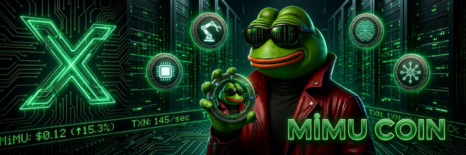 The image features a cartoon frog wearing sunglasses, holding up a coin with both hands while standing in front of a computer screen displaying the text "Then 1000x... Are we ready?". The frog appears to be in a virtual environment that resembles a computer terminal or a computer-themed room.