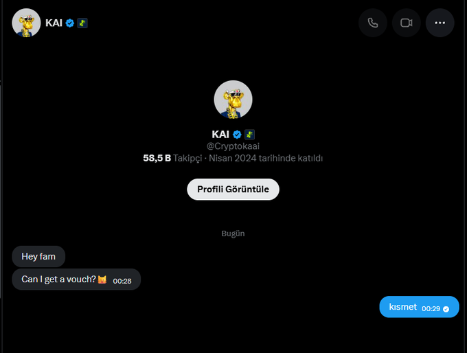 A Twitter/X direct message screenshot from user 'KAI' (@Cryptokaai, 58.5B Follower, Takipçi - Nisan 2024 tarihinde katıldı) where a user messages 'Hey fam, Can I get a vouch? 🫡' and receives a 'kismet' reply at 00:29.