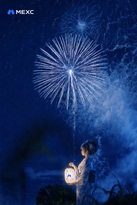 A girl in a white dress holds a glowing MEXC-branded lantern beneath a brilliant blue firework illuminating the night sky, with the "MEXC" logo visible in the top left corner. The image visually pairs the excitement of fireworks with financial trading symbolism, tying into the post's celebration of a fireworks festival and MEXC's connection to crypto charting moments.