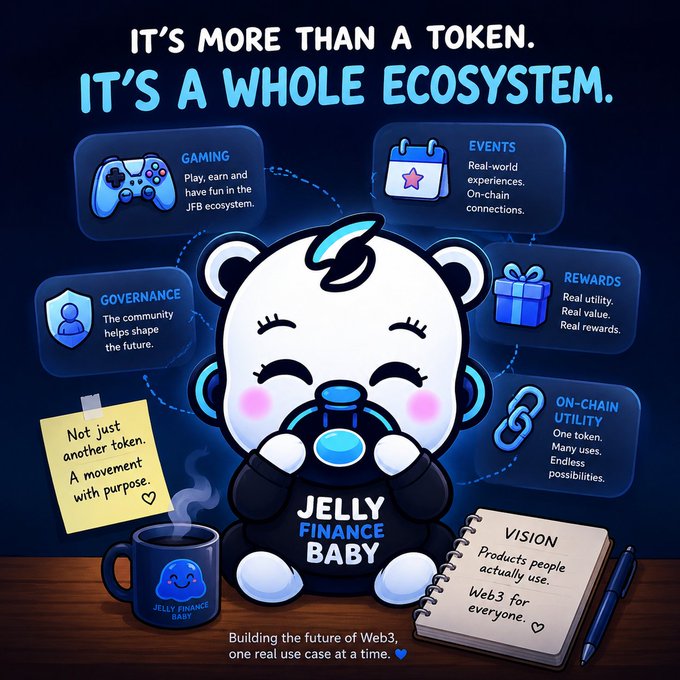 A promotional graphic for "JELLY FINANCE BABY" featuring a cute cartoon panda mascot, with the headline "IT'S MORE THAN A TOKEN. IT'S A WHOLE ECOSYSTEM." and categories for Gaming, Events, Governance, Rewards, and On-Chain Utility.