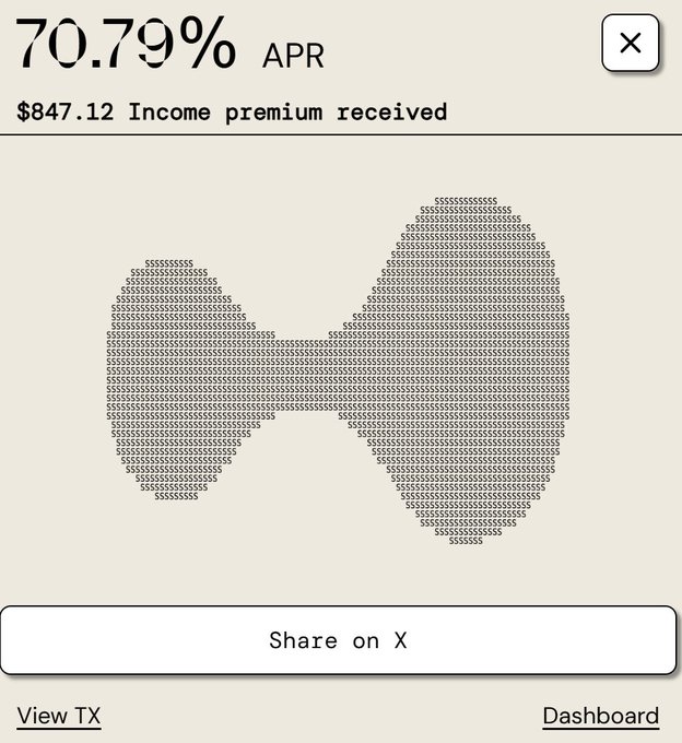 The image shows a Rysk Finance dashboard displaying a 70.79% APR with $847.12 in income premium received, visualized as a heart shape made of "S" characters—illustrating the user's success selling $HYPE puts on the platform to generate income.