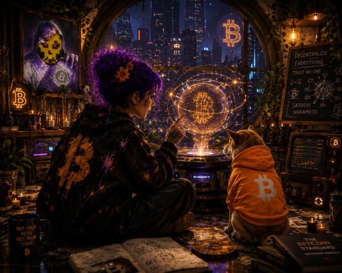 A person with purple hair and a Bitcoin-themed hoodie sits with a cat (wearing an orange Bitcoin hoodie) examining a glowing holographic Bitcoin in a cyberpunk-style room filled with crypto imagery and text like "DECENTRALIZE EVERYTHING" and "SATOSHI NAKAMOTO".