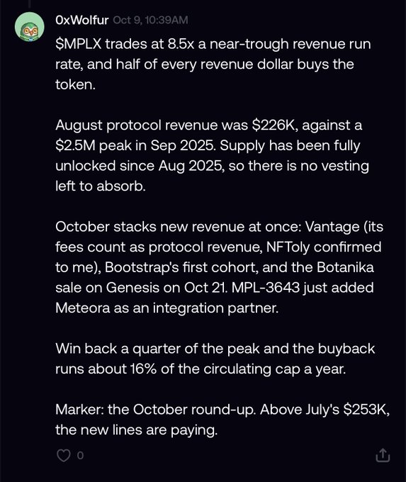 A Discord post by user '0xWolfur' analyzing $MPLX at 8.5x a near-trough revenue rate, detailing August protocol revenue of $226K and expected October revenue from Vantage, NFToly, and Botanika.