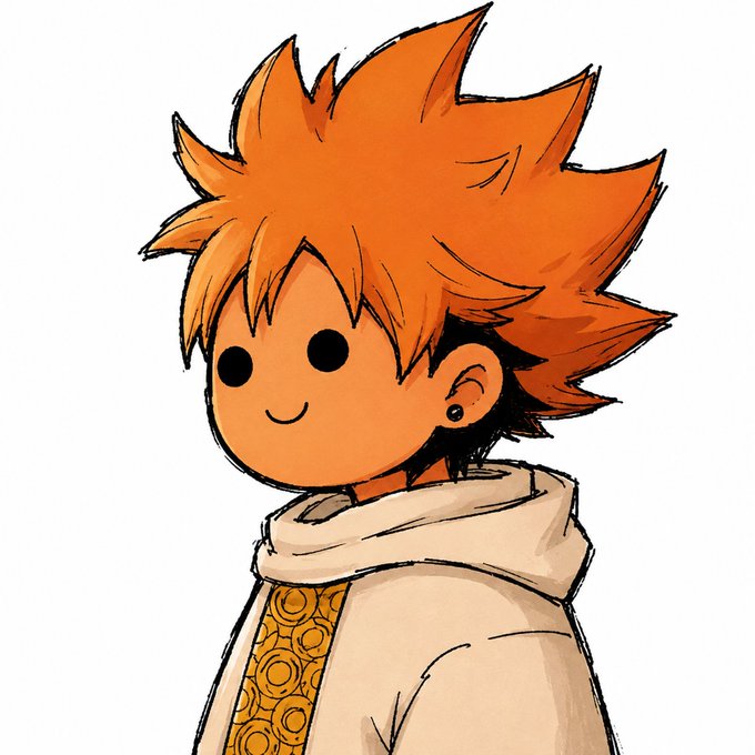 A cartoon-style illustration of a smiling character with spiky orange hair, simple dot eyes, and a beige hoodie over an orange patterned shirt.