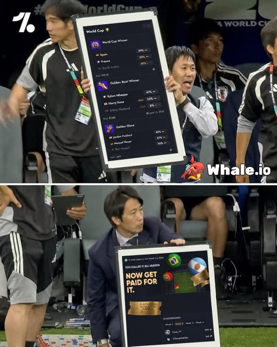 The image shows a whiteboard with two columns of text, one for each side of the photo. The left column displays information about a World Cup, while the right column features a list of predictions for Japan's soccer team. A man holding up a sign is also present in the scene.