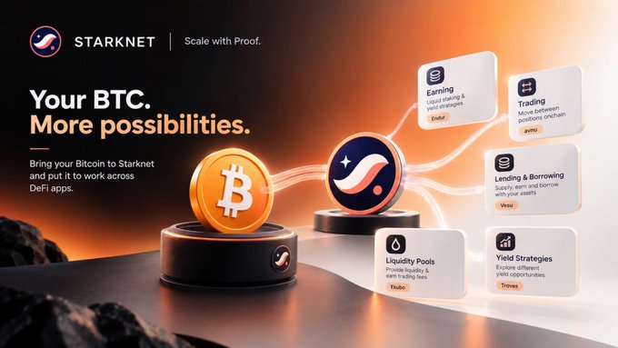 A Starknet promotional banner with the text 'Your BTC. More possibilities.' explaining how to bring Bitcoin to Starknet for DeFi apps like Earning, Trading, Lending & Borrowing, Liquidity Pools, and Yield Strategies.