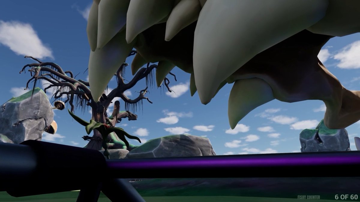 A first-person video game screenshot showing large teeth or claws in the foreground with a twisted, spooky tree and rocks under a cloudy sky; the text "FISHY COUNTER 6 OF 60" appears in the bottom right corner.