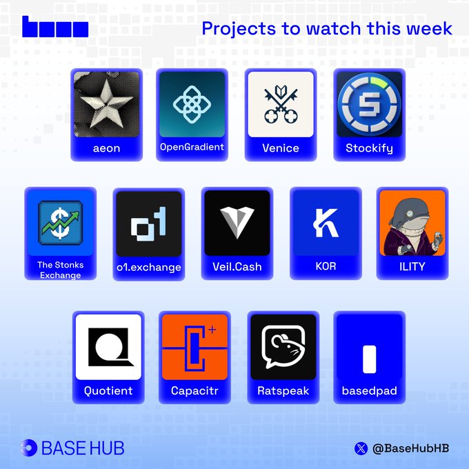 A graphic titled 'Projects to watch this week' by 'BASE HUB' (@BaseHubHB) showcasing 14 crypto/web3 project logos including aeon, OpenGradient, Venice, Stockify, and others.