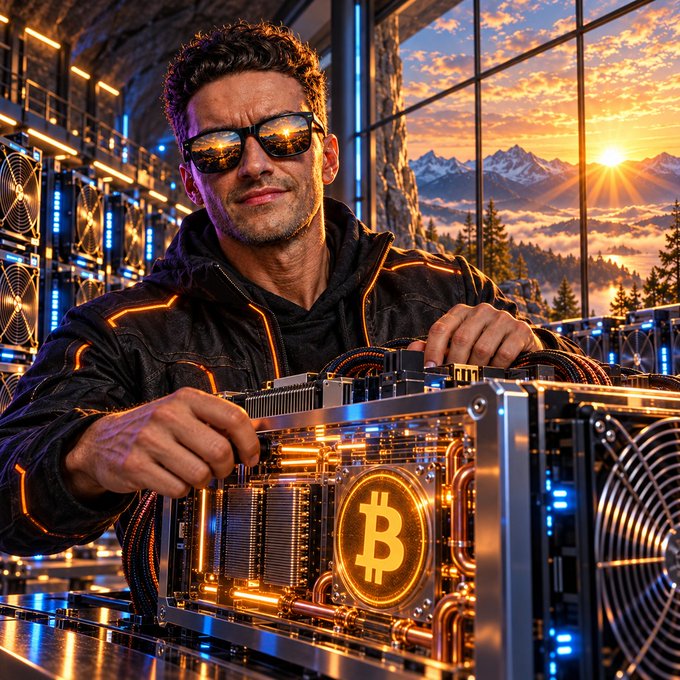 A man wearing sunglasses and a futuristic jacket stands in a data center, holding a high-tech device featuring a glowing gold Bitcoin logo.