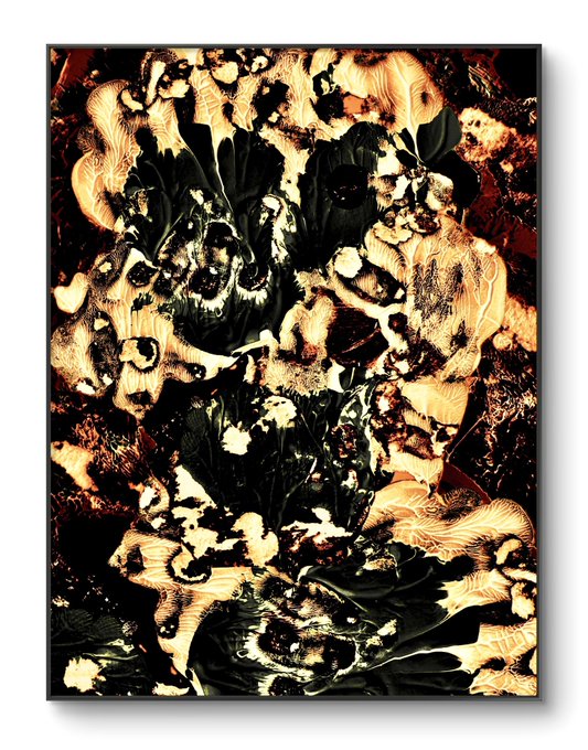 A framed abstract artwork or print featuring swirling, organic patterns in cream, black, and dark red tones, displayed against a white wall.